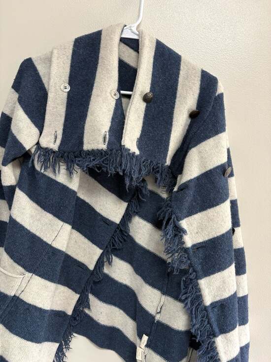 Free People Sweaters - Free People Lambswool Striped Fringe Cardigan Navy Gray Open Front